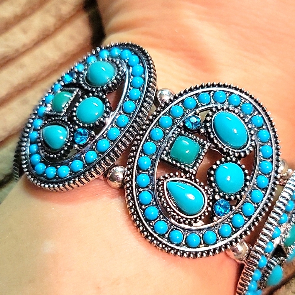 Bracelet turquoise stretch, w/ teal gems